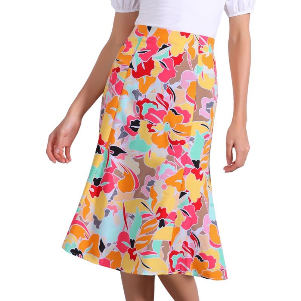 Floral Peasant Elastic Waist A-Line Leave Print Midi Skirt Abstract Floral